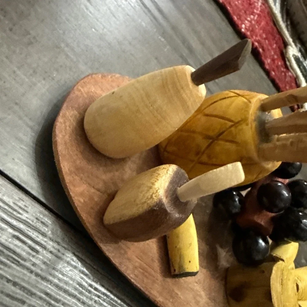 Vintage Miniature Wooden‎ Hand Carved Fruit on Plate Set of 7 Pineapple Bananas
